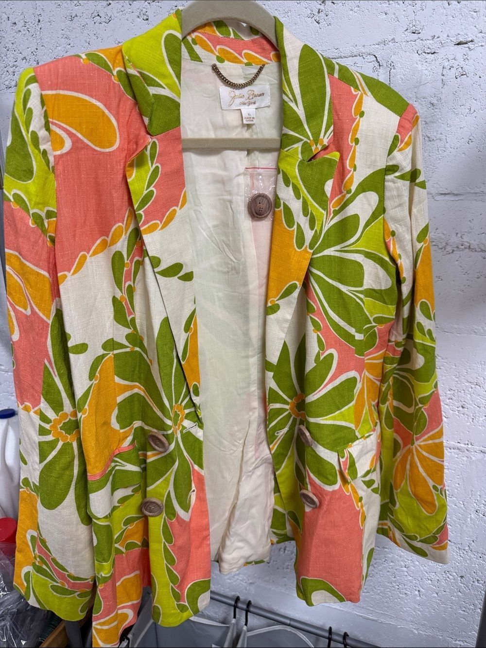 Vintage-Inspired Floral Linen Blazer Green/Pink/Yellow JULIE BROWN - NEW - Large